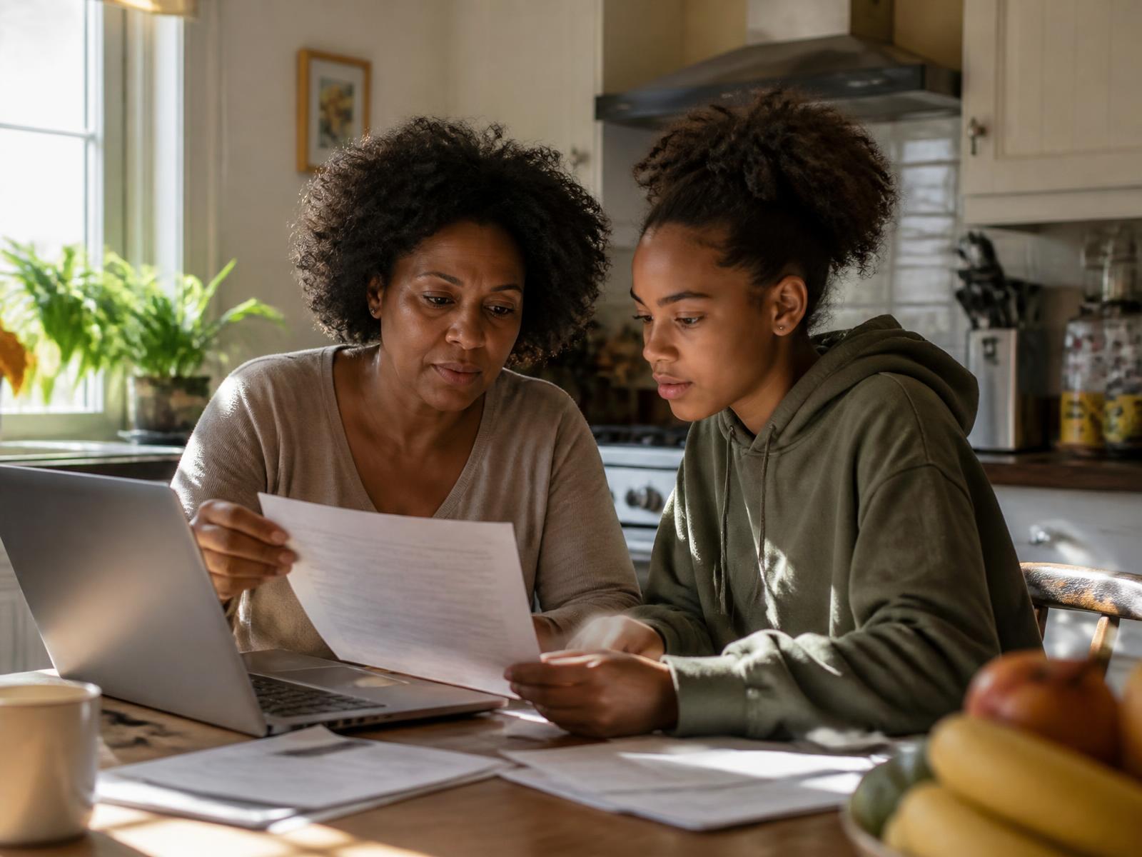 A mother and her teenage daughter reviewing financial paperwork together at a sunlit kitchen table.