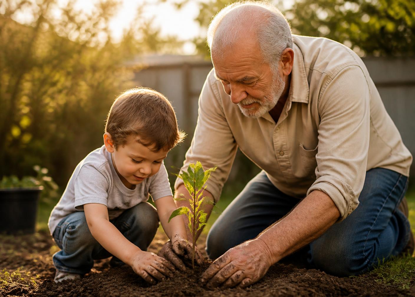 A grandfather and grandchild planting a young tree together in a garden at golden hour.