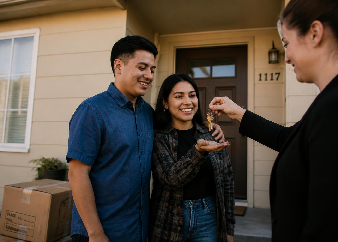 A couple receiving the keys to their first home on the front porch, with moving boxes beside them.