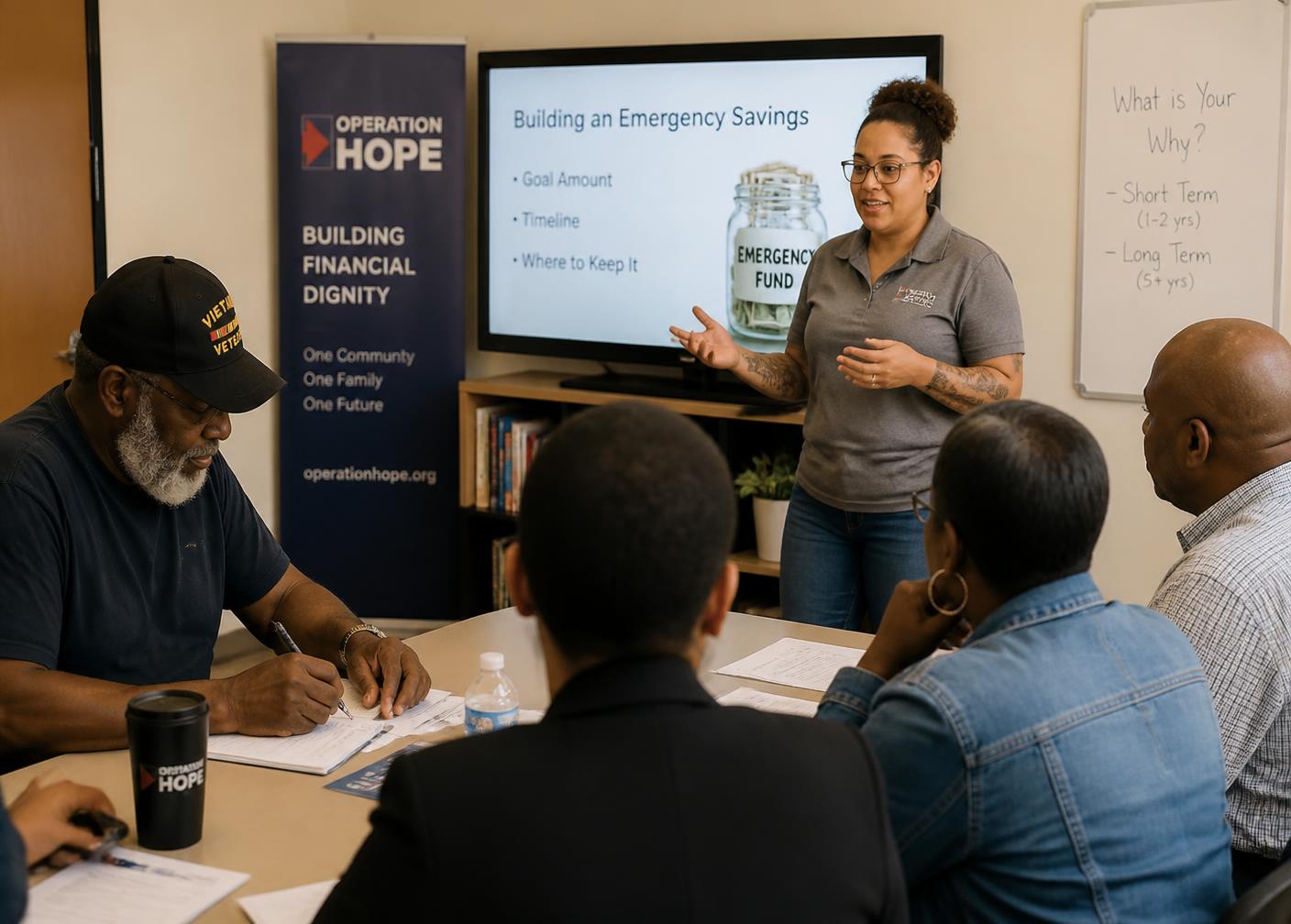 A facilitator leading a practical financial education session for a small group of adults in a community room.